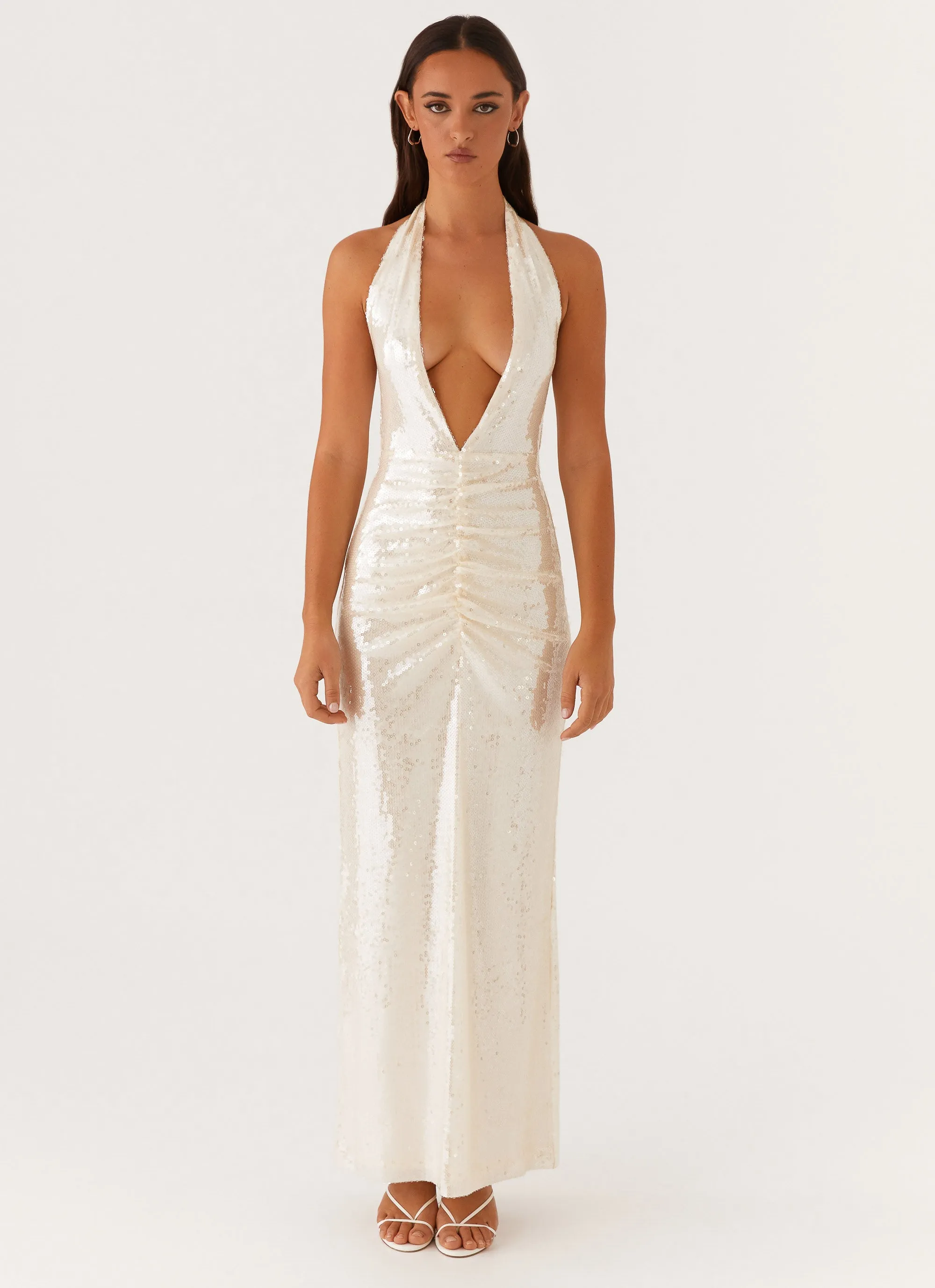 Whisked Away Halterneck Maxi Dress - White Sleek Flow Relax Piece