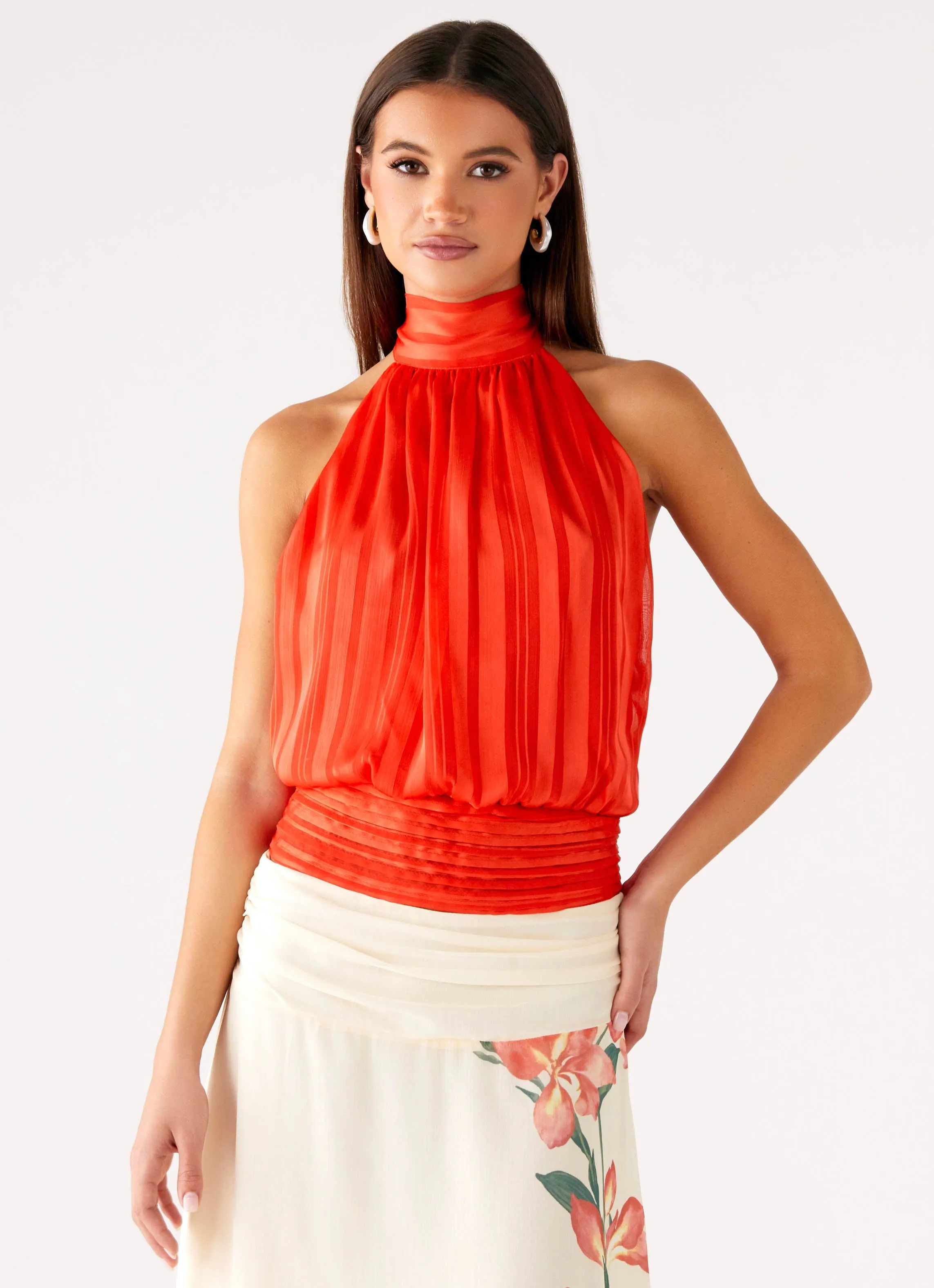Recycled Polyester Material WideNeckOpening Willow Chiffon Top - Coral