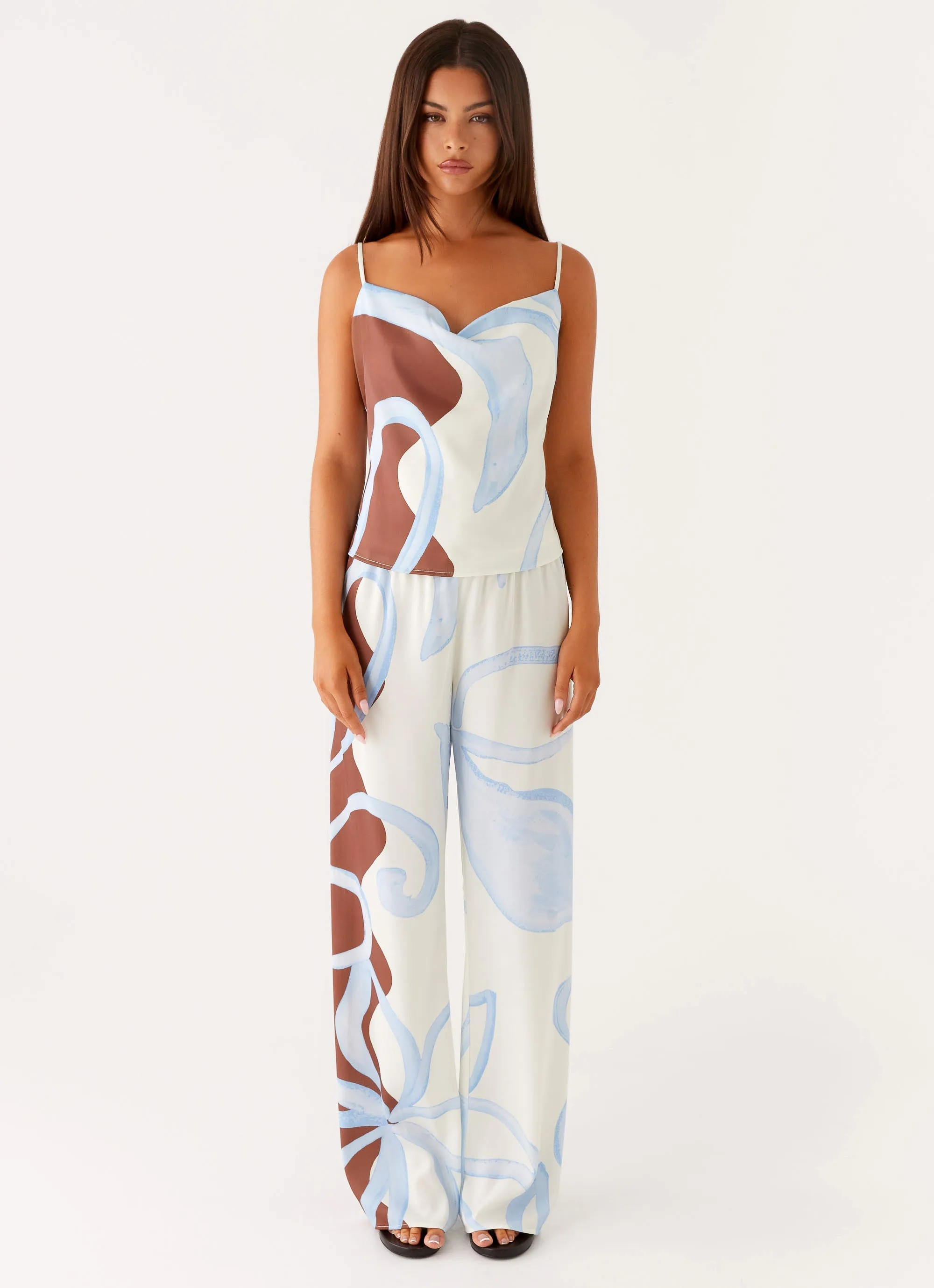 Kaia Cowl Neck Top - Bloom Wave Print Layered Hemline Quick Dry Performance