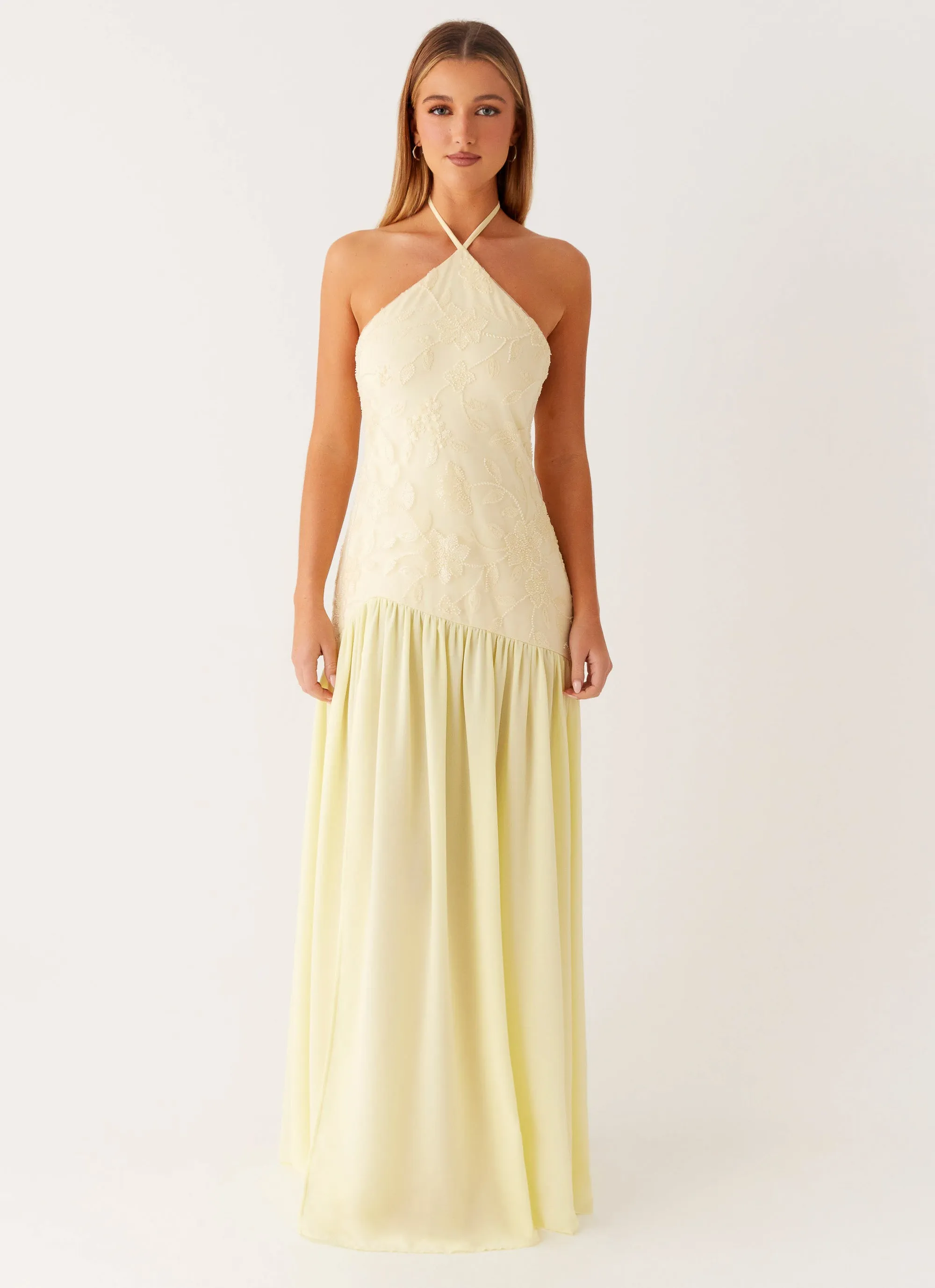 Janelle Beaded Maxi Dress - Yellow Pearl-Detail Practical work-to-play piece