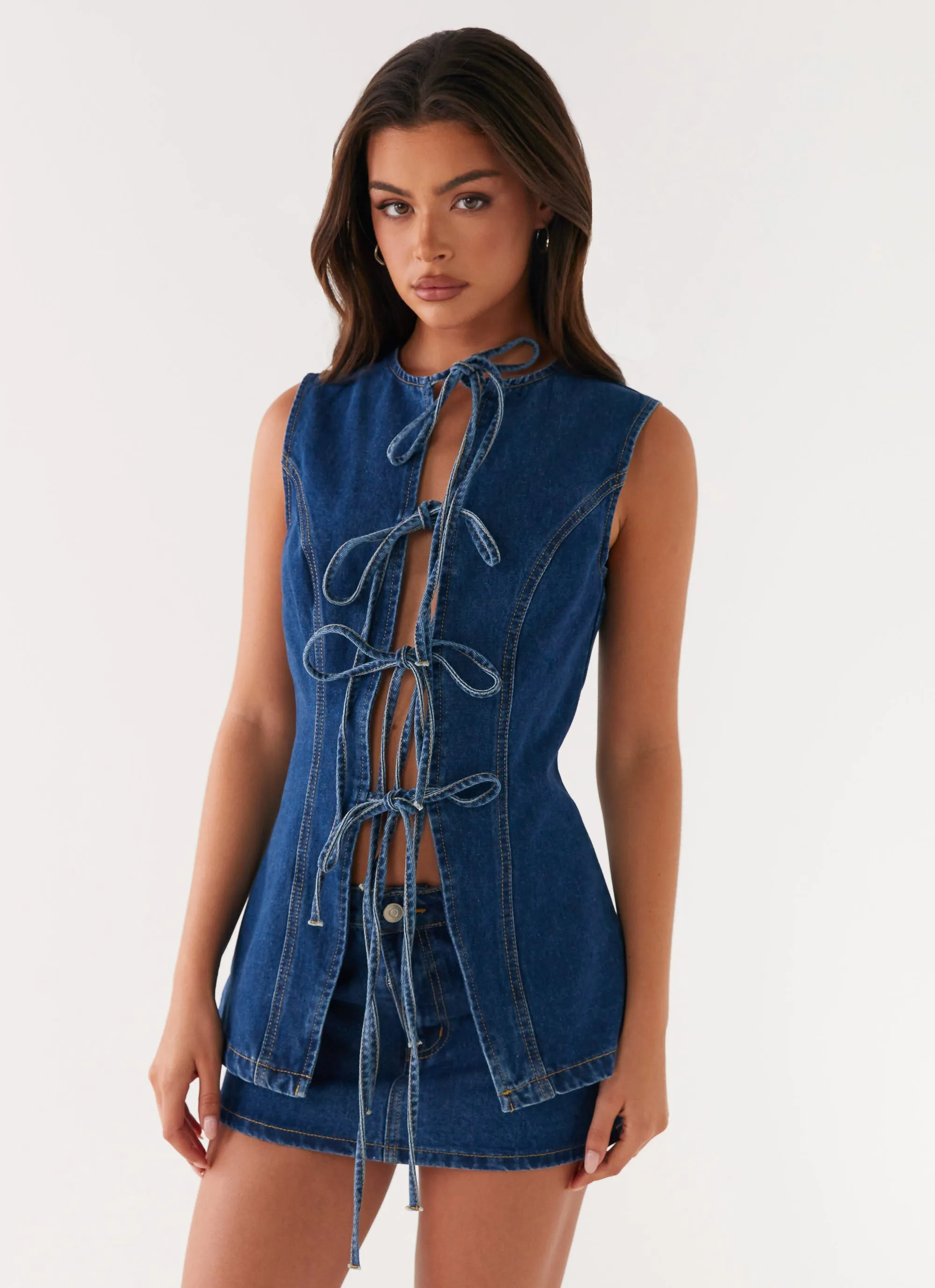 Curved Hem Design Wish You Luck Denim Top - Dark Blue