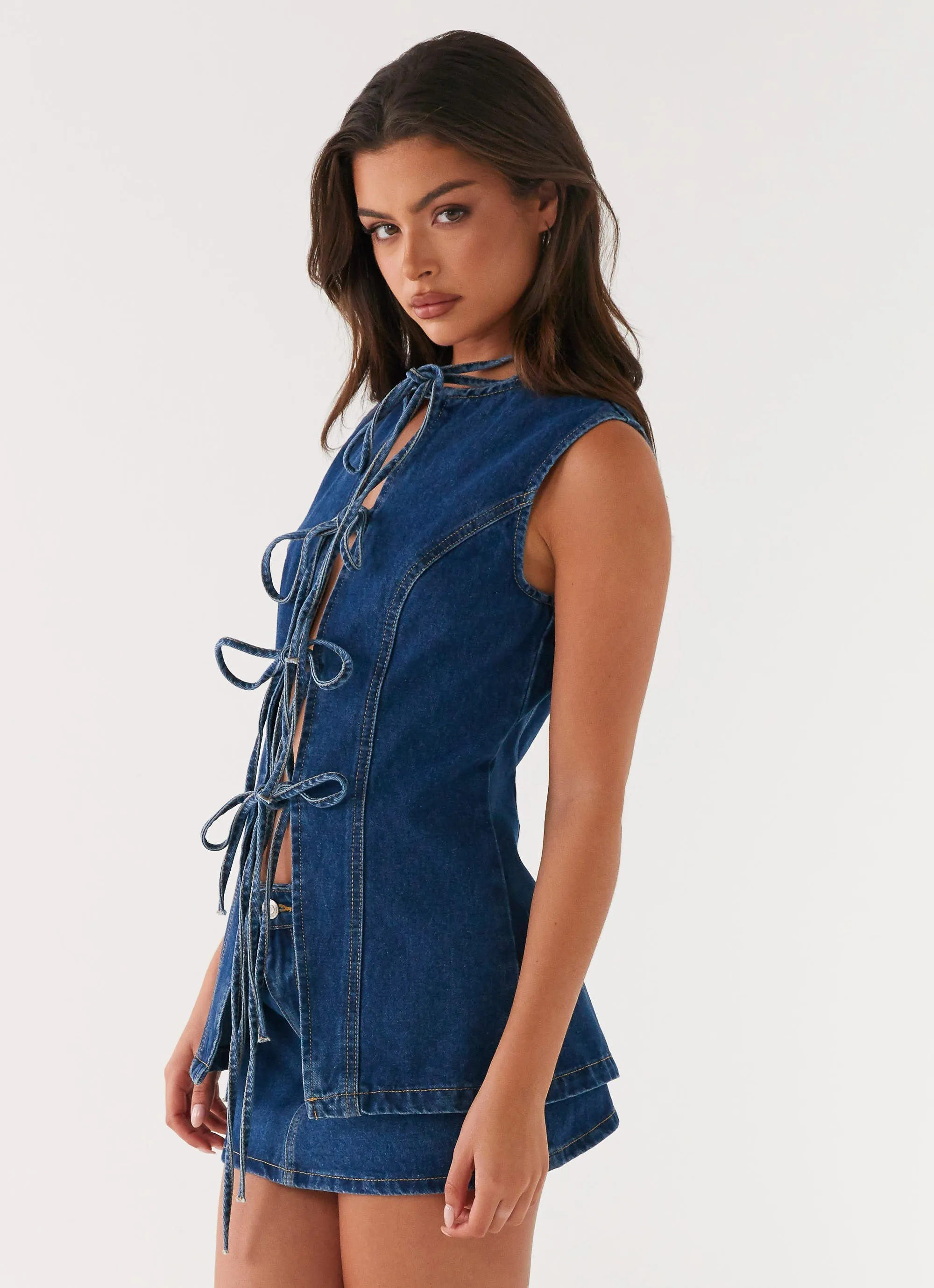 Wish You Luck Denim Top - Dark Blue Minimalist Stitching