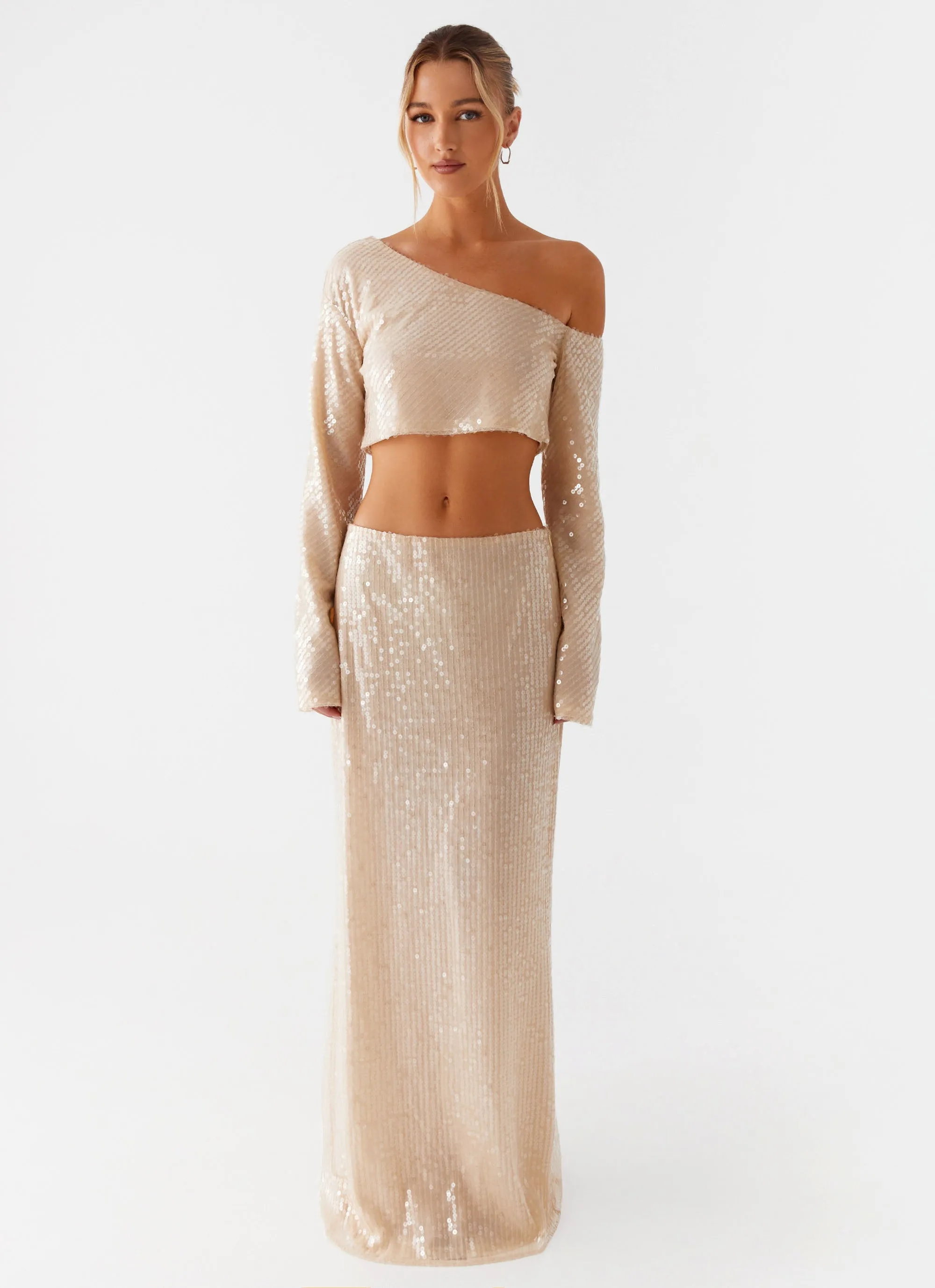 Refined Finish Affordable Fashion Wisteria Low Rise Sequin Maxi Skirt - Champagne