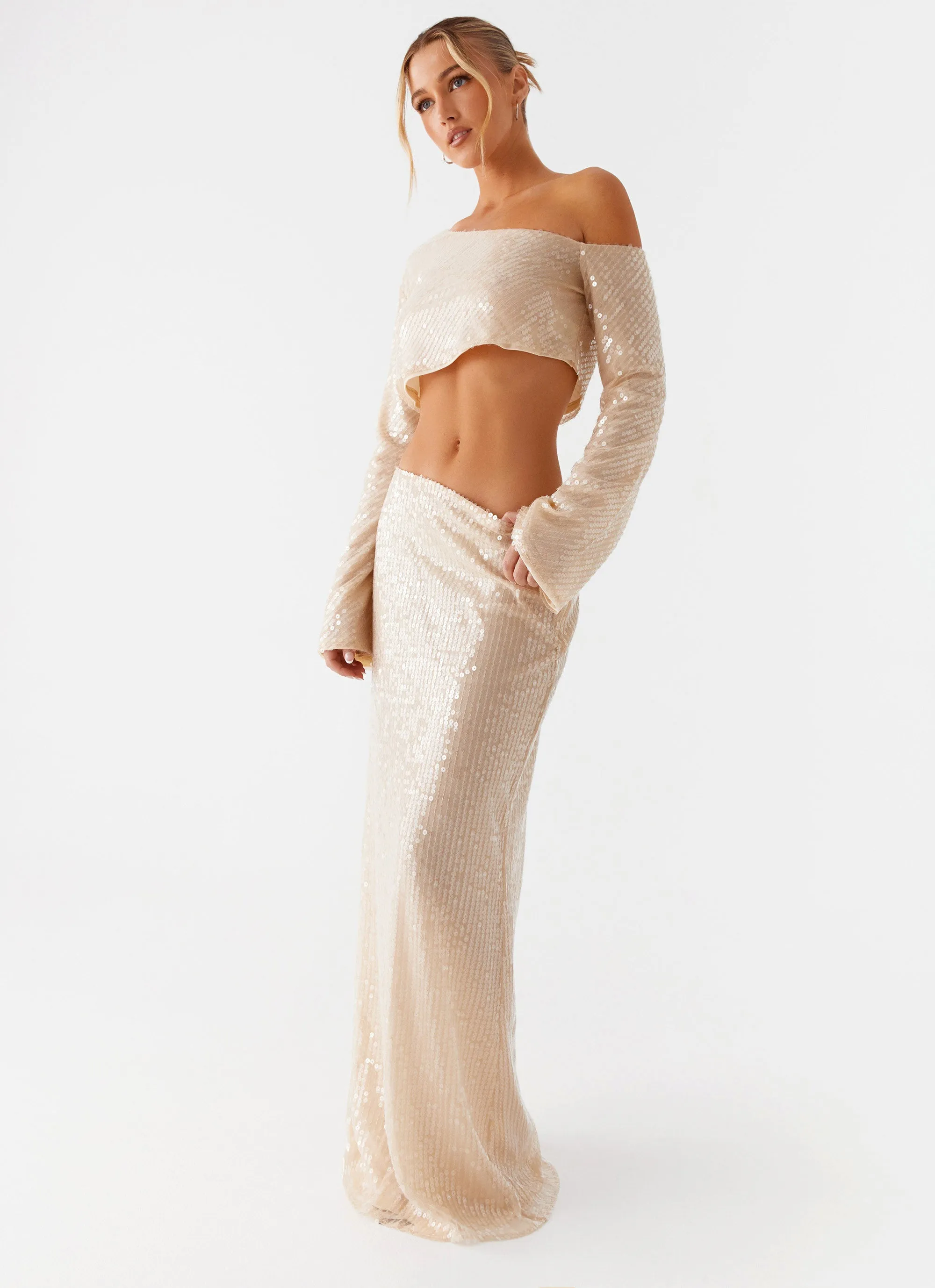 Wisteria Low Rise Sequin Maxi Skirt - Champagne Earth Tones