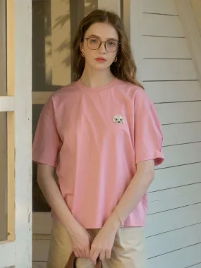 ??Final Sale??Journey Puppy Applique Round Neck Short Sleeve Casual T-Shirt Contrast Stitch Detailing Curved Hemline