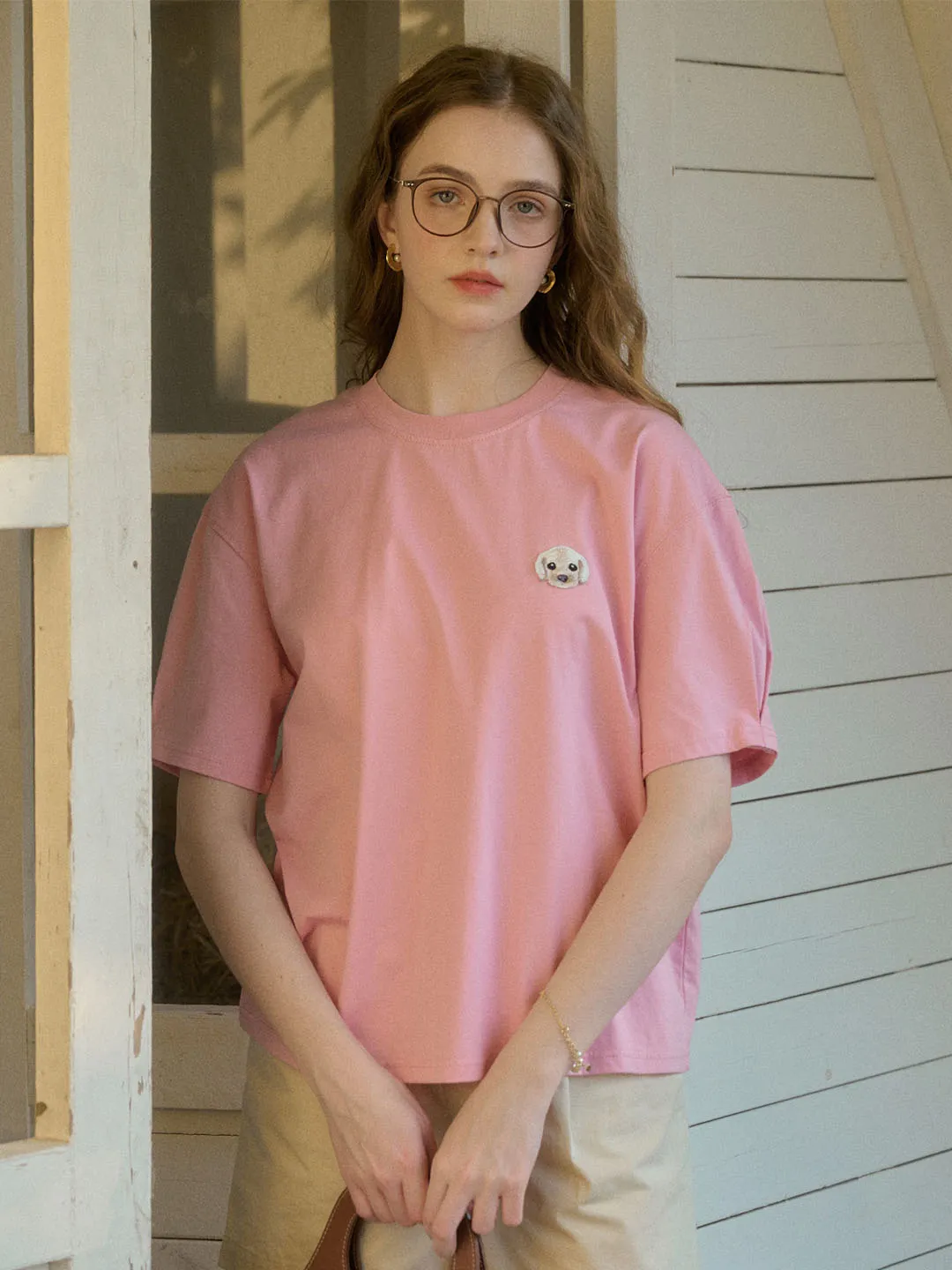 ??Final Sale??Journey Puppy Applique Round Neck Short Sleeve Casual T-Shirt ReflectiveTrim