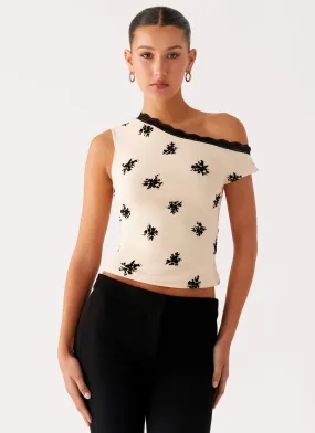 Blind Faith Flock One Shoulder Top - Cream Eco Friendly Material TumbleDryFriendlyMaterial