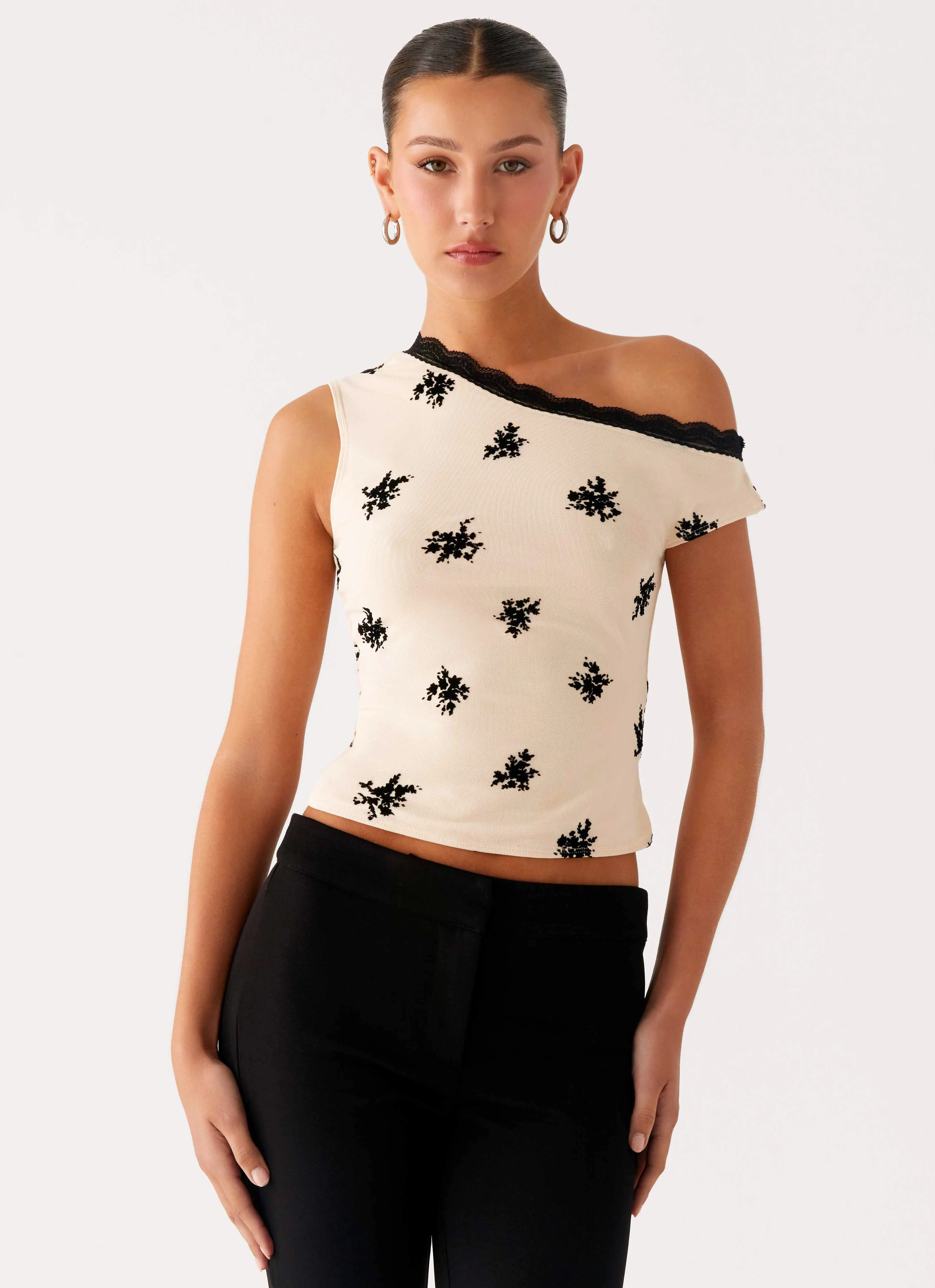 Blind Faith Flock One Shoulder Top - Cream Eco Friendly Material TumbleDryFriendlyMaterial