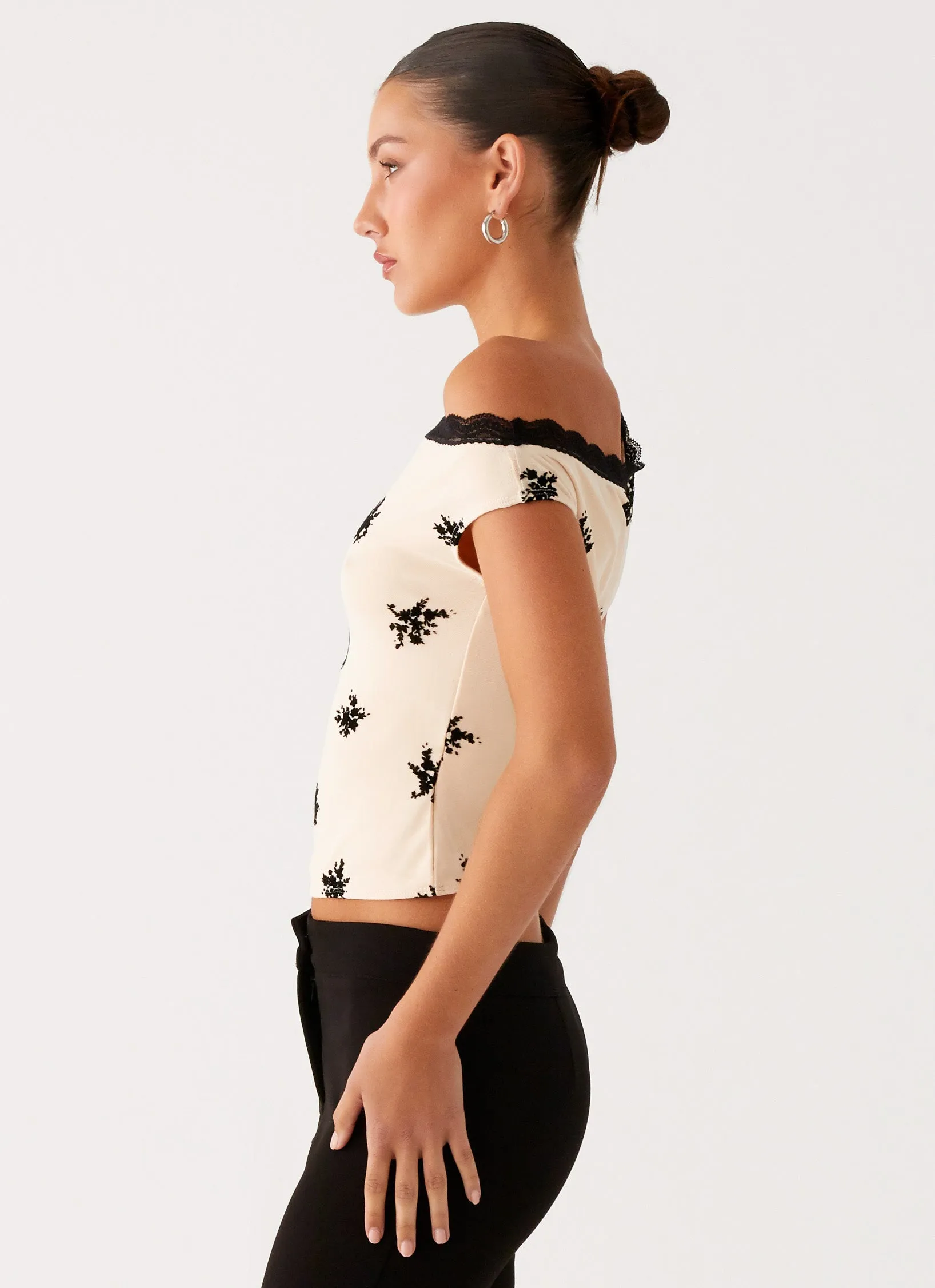 Blind Faith Flock One Shoulder Top - Cream Silicone Print Detail