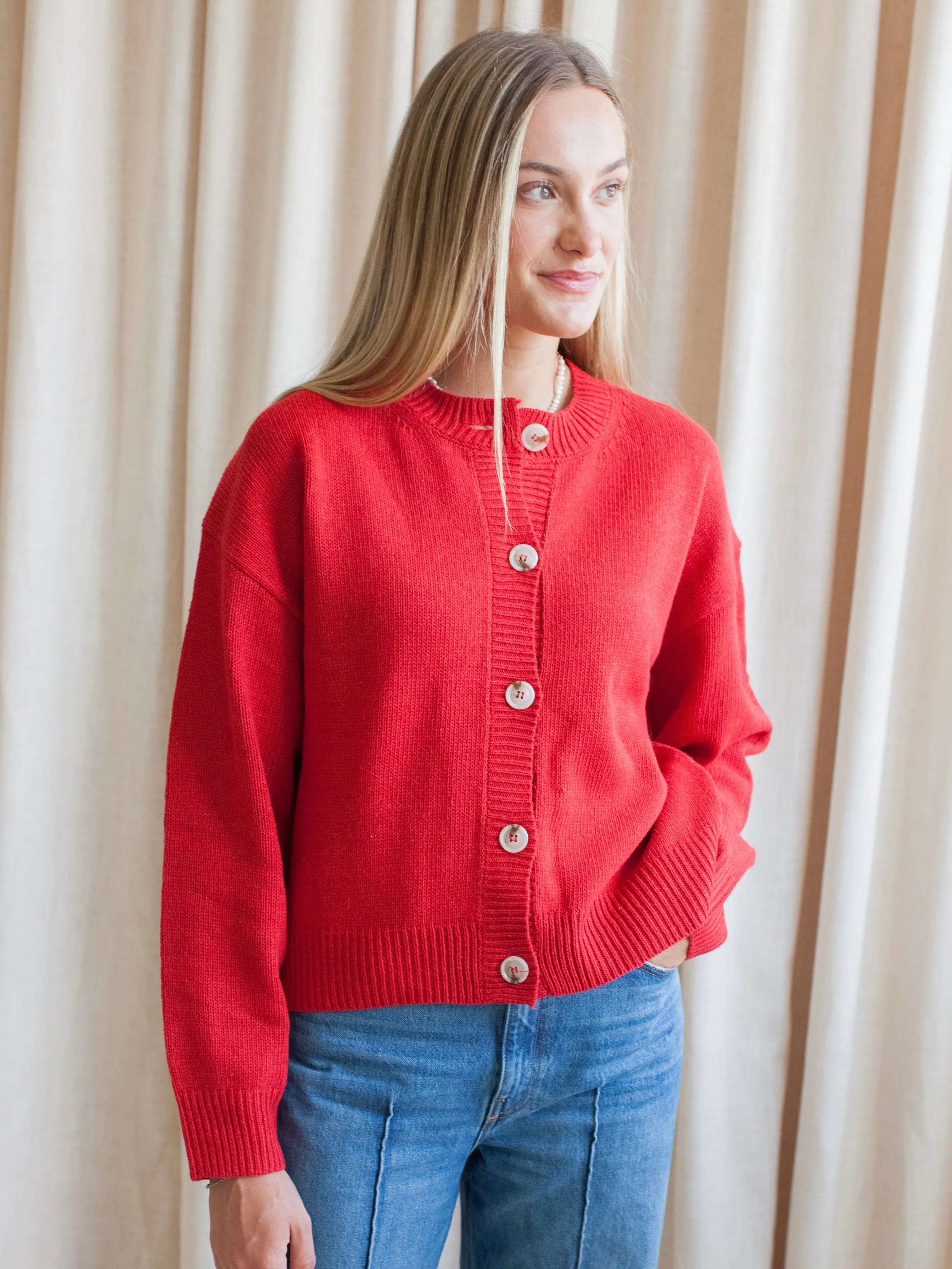 Linen Blend Fabric Ophelia Cardigan - Red