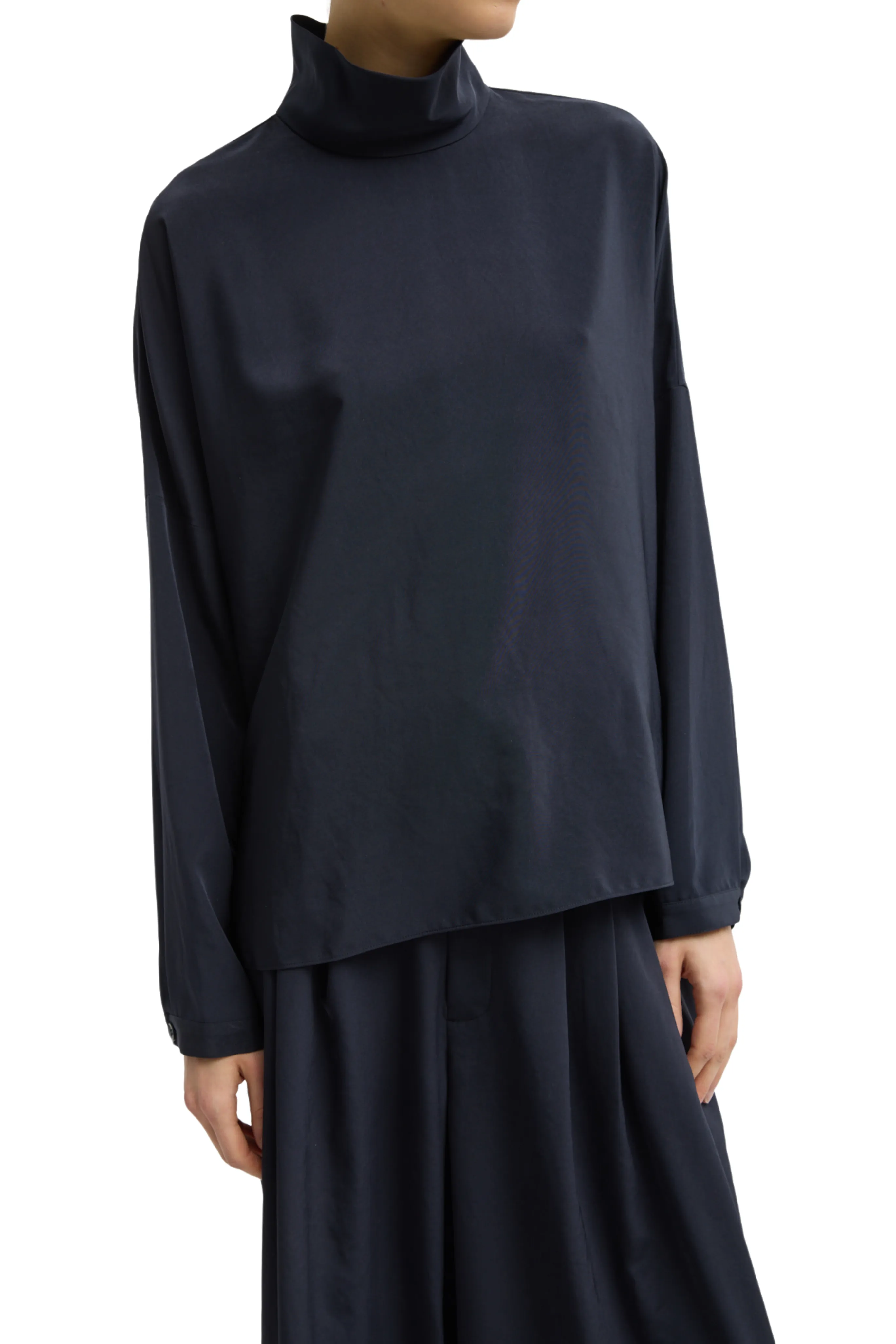 Relaxed Suiting Funnel Neck Dolman Sleeve Top WrinkleResistant Fabric Sustainable Textile