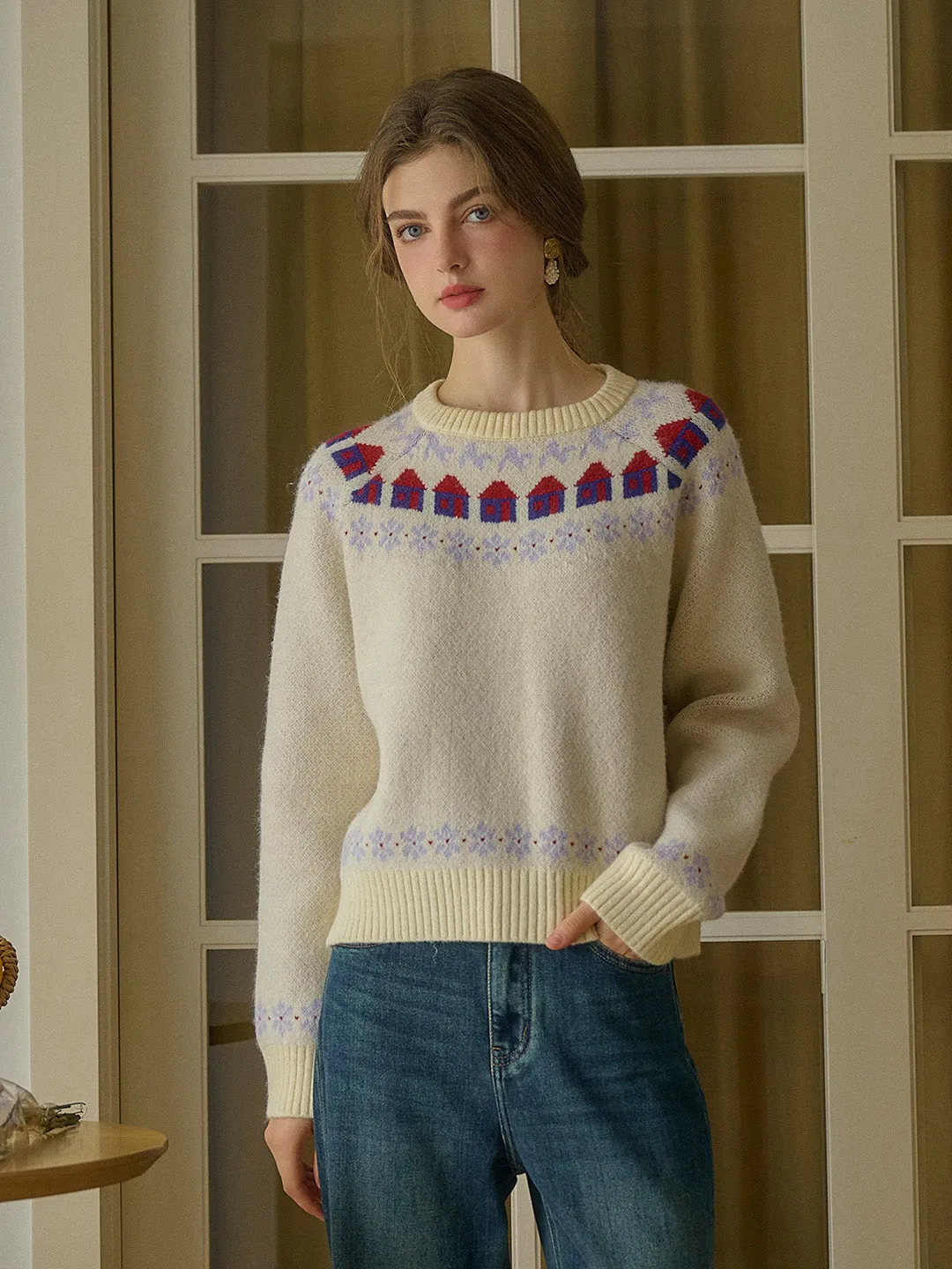 Xyla Fair Isle Round Neck Knit Sweater FlexibleCuff AirflowVents