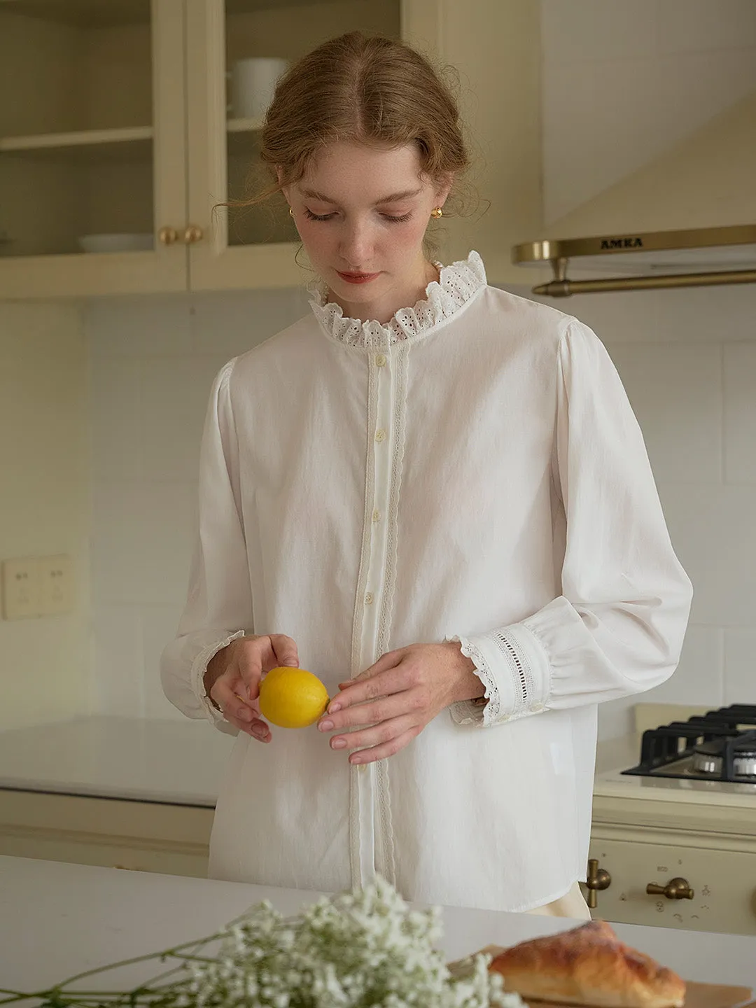 AirflowOptimized Design Non Restrictive Collar Yamileth Retro Mock Collar Lace Trimmed Paneled Blouse