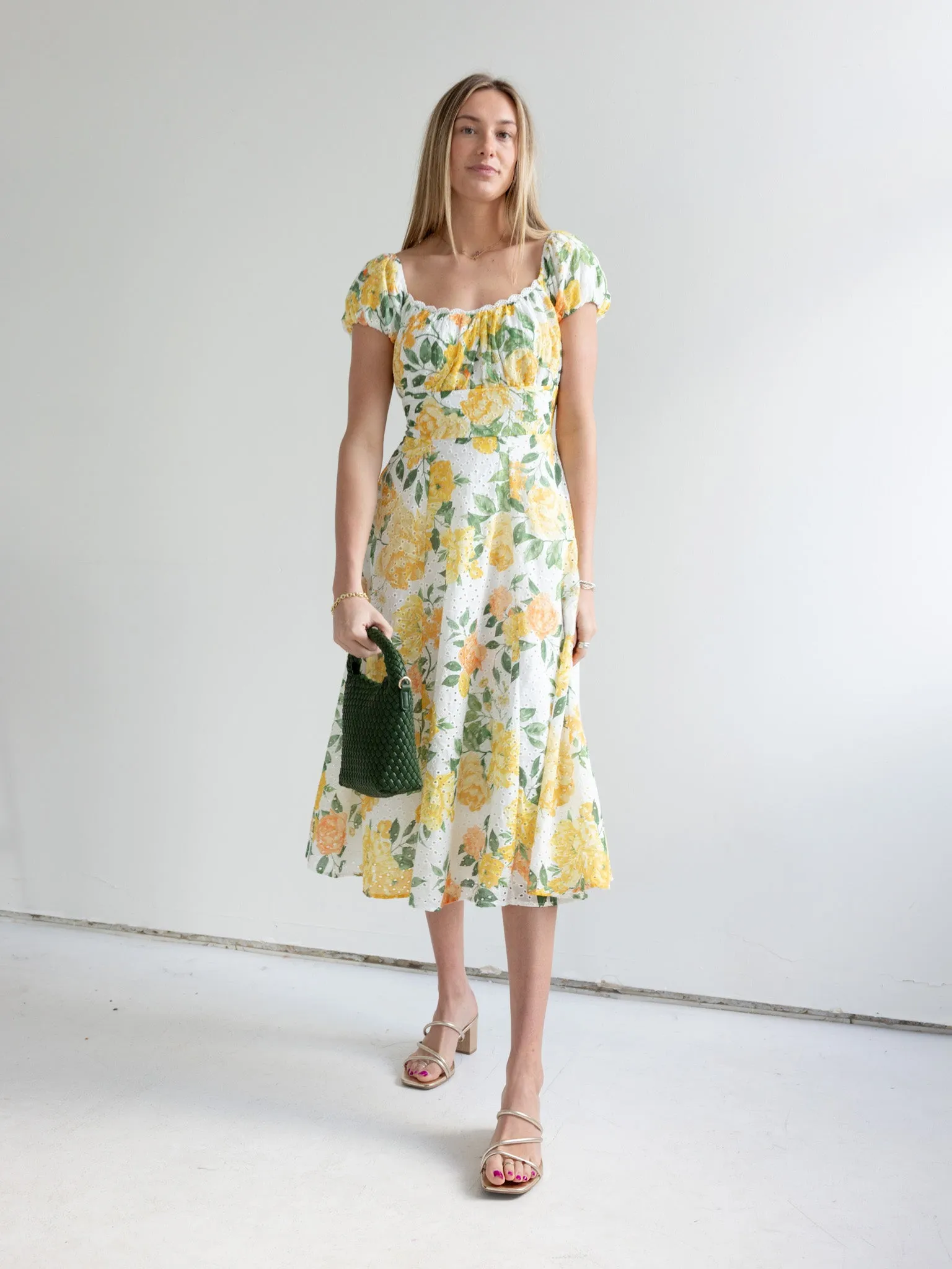 Yellow Rose Dress Wrinkle-Resistant Textured Look