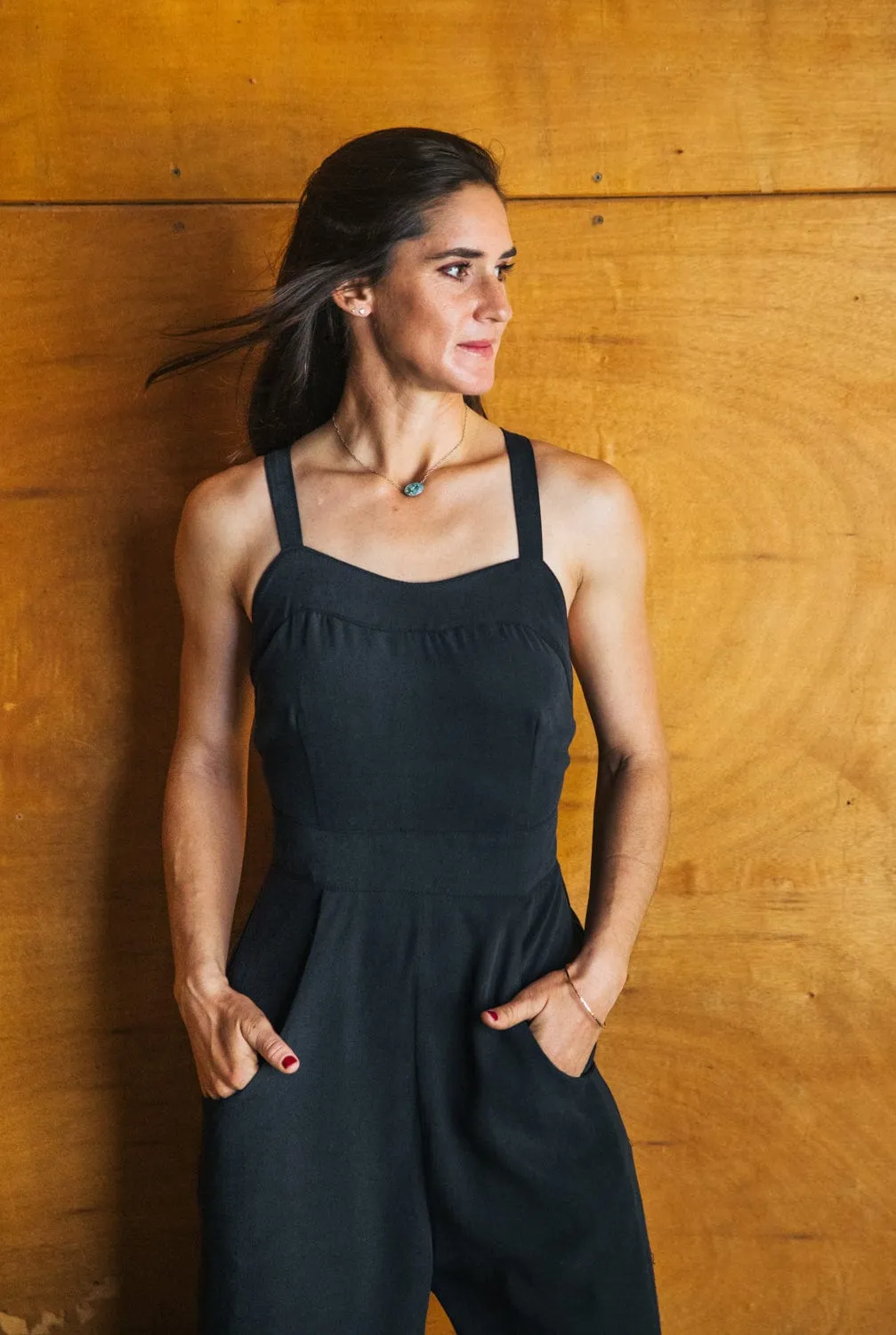 Smart Layer Yolked Juniper Jumpsuit in Black Brushed Cotton