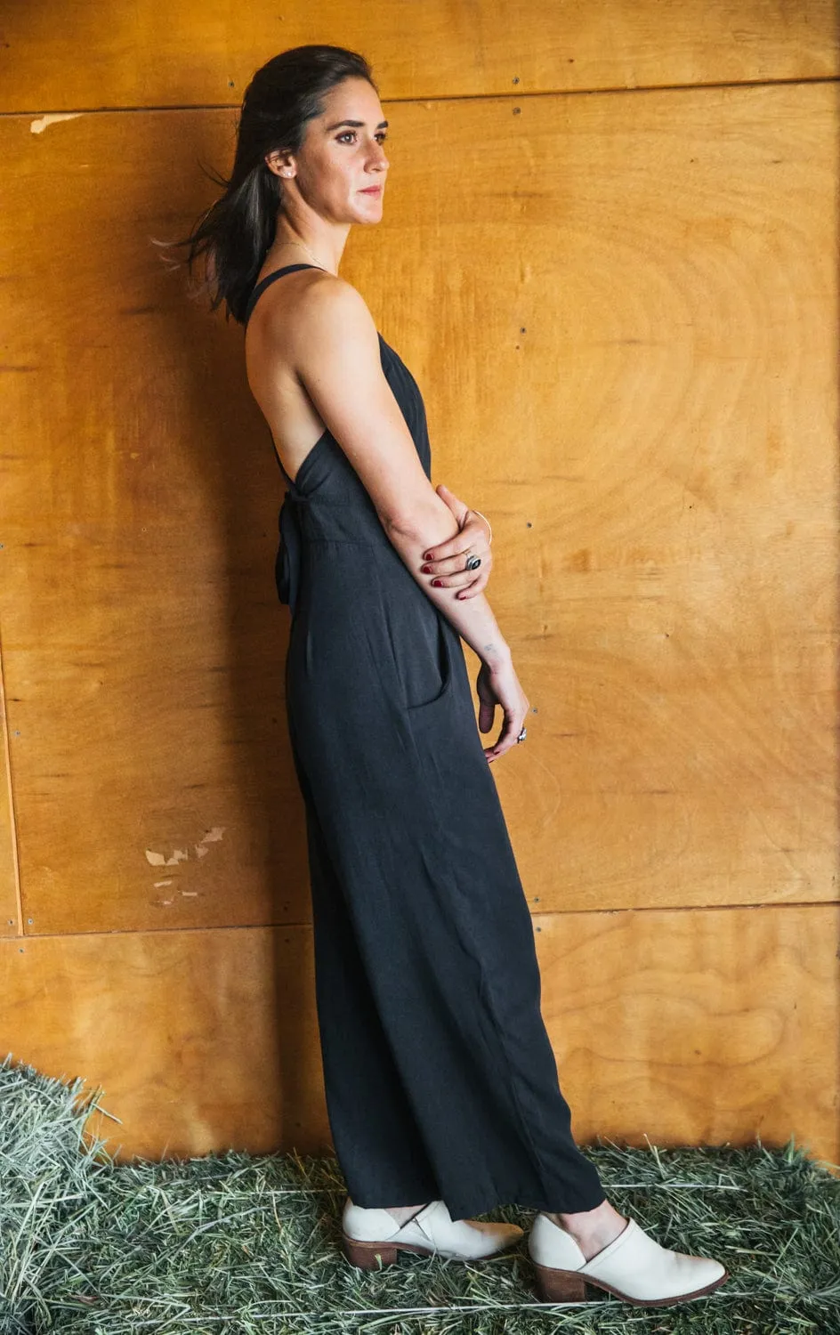 Smart Comfort Yolked Juniper Jumpsuit in Black Brushed Cotton