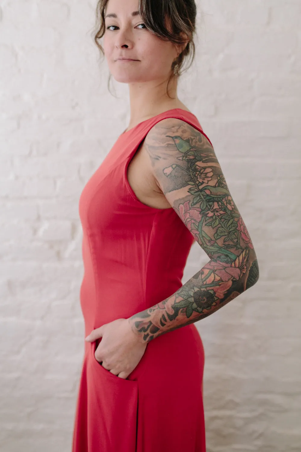 Lori Dress in Coral Challis Clean Drape