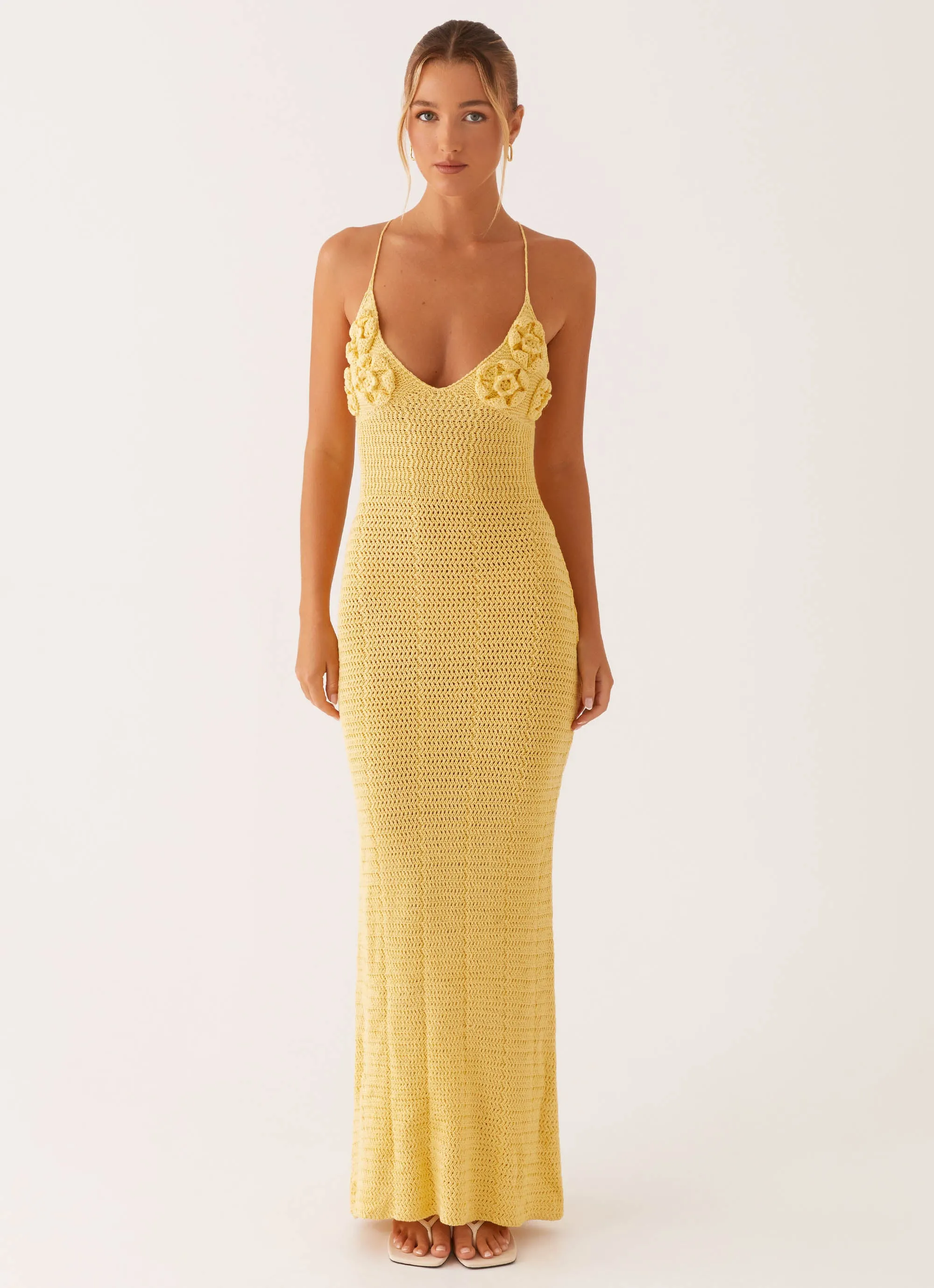 Day Magic Raw-Hem Zara Rose Crochet Maxi Dress - Yellow