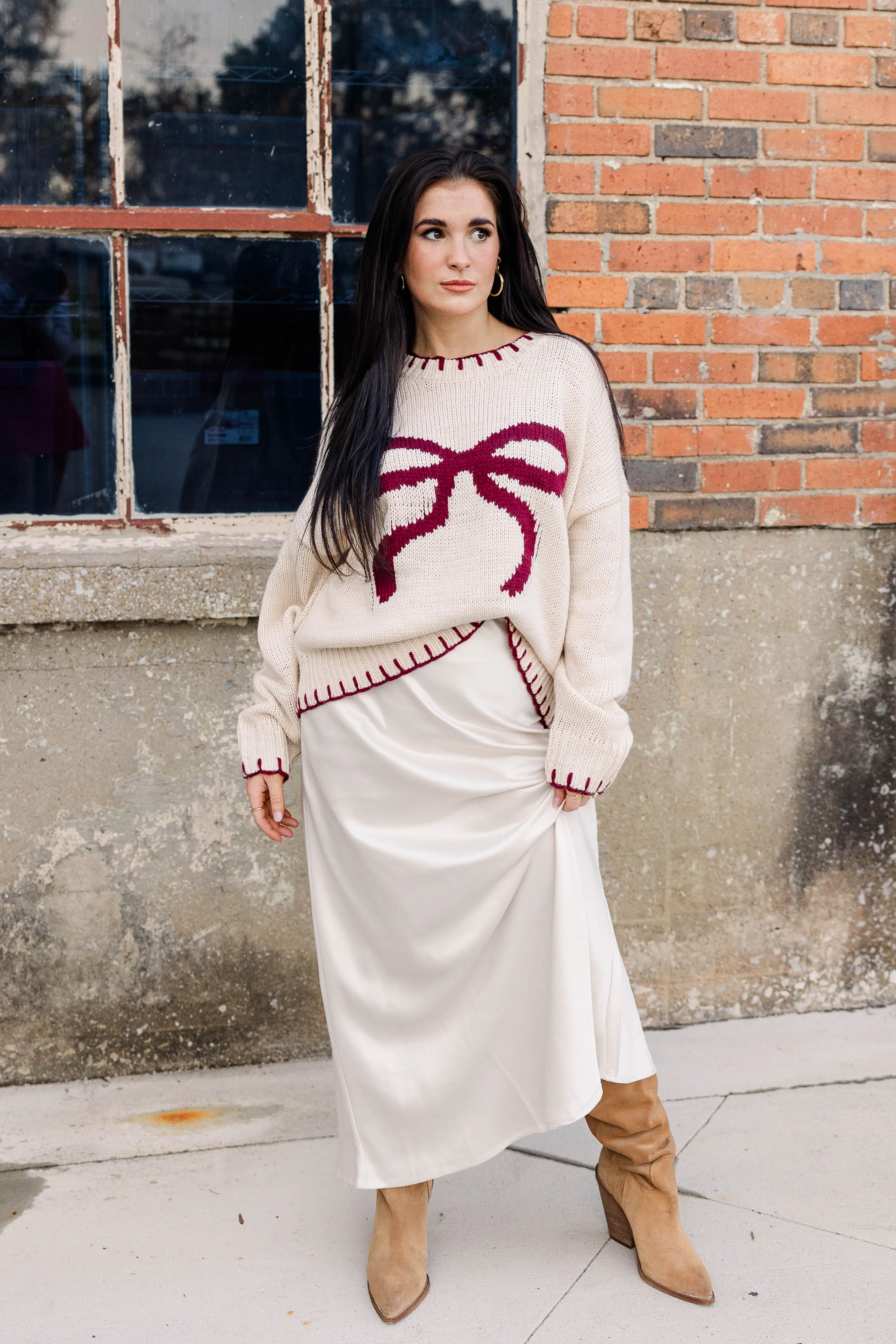 Bow Knit Oversized Sweater Ribbed Knit