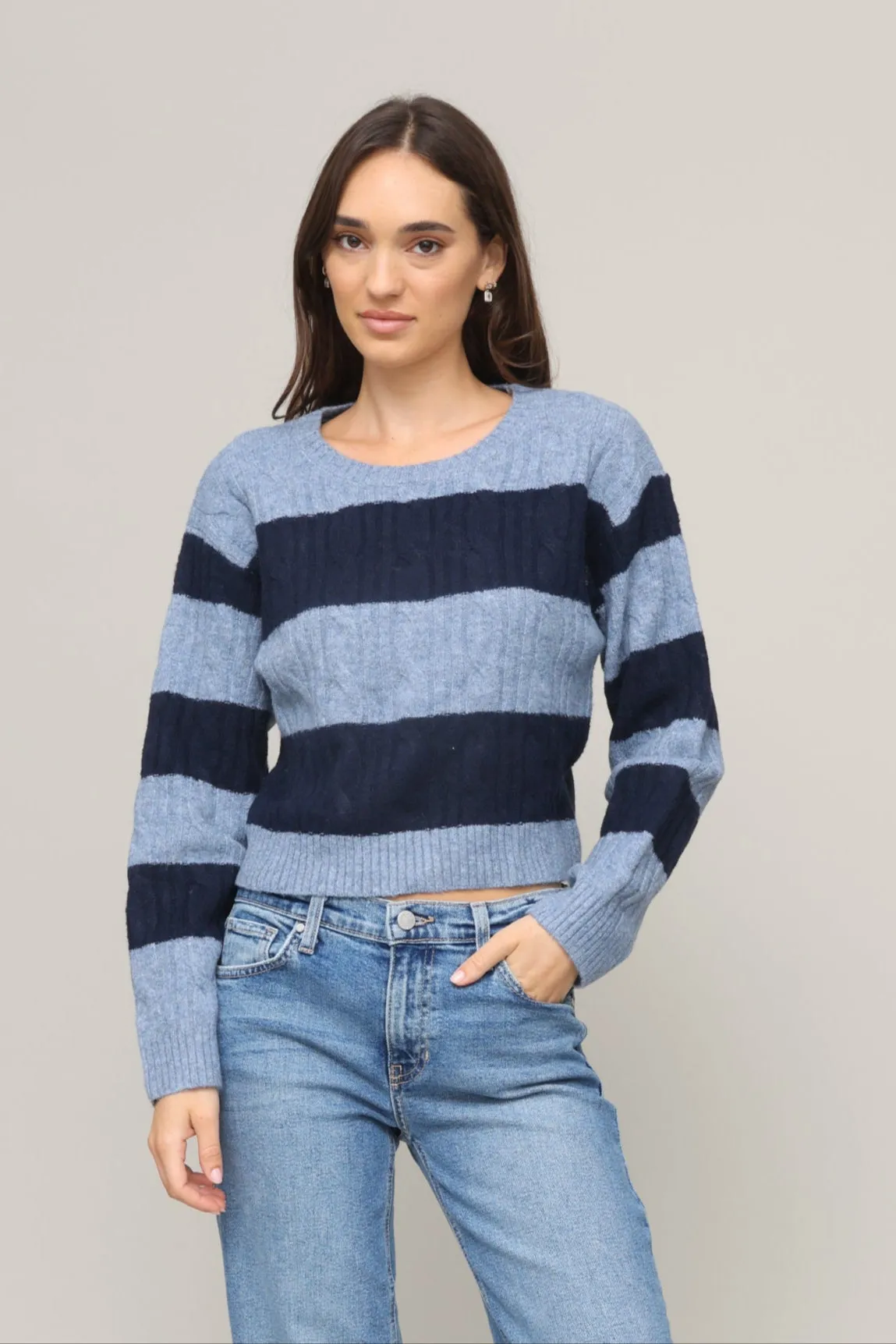 Lightweight Thermal Weave Teddy Stripe Cable Crew