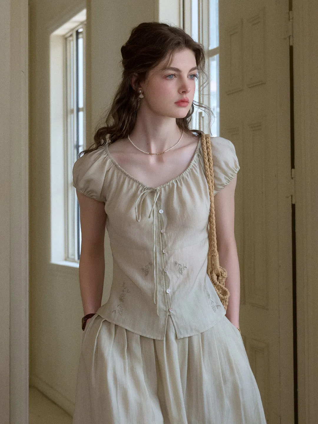 MultiPocket BreathableMaterial Zuri Round Neck Embroidery Lyocell Blouse